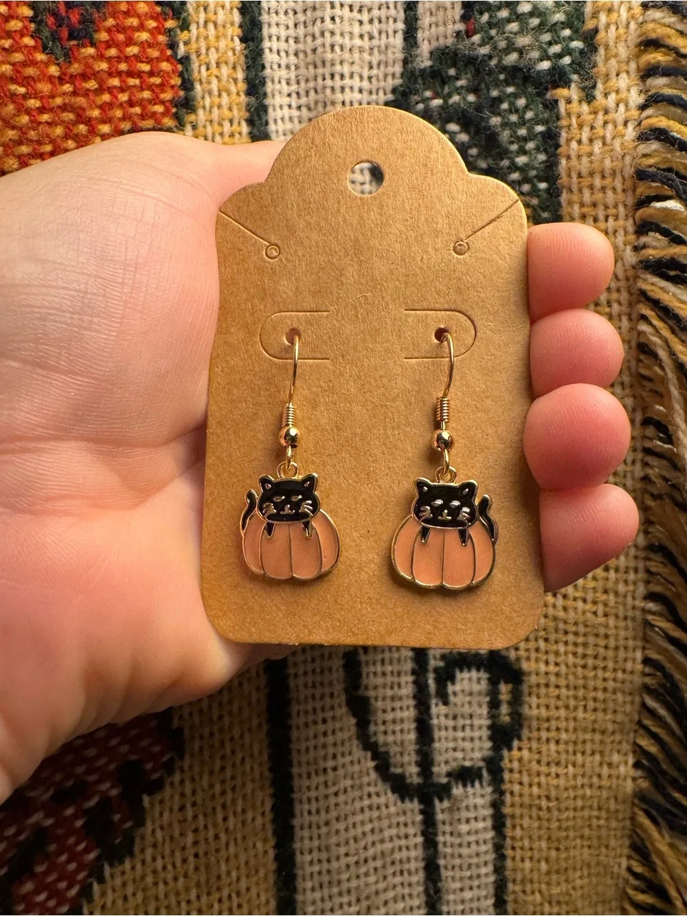 Black Cat Pumpkin Drop Earrings in Orange and Gold